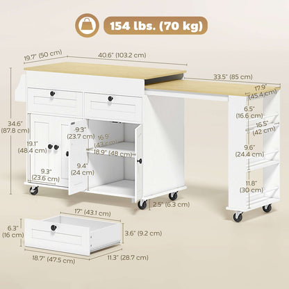 HOMCOM Kitchen Island with Sliding Expandable Top, Rolling Kitchen Cart with Drawers, Cabinets & Spice Rack, White