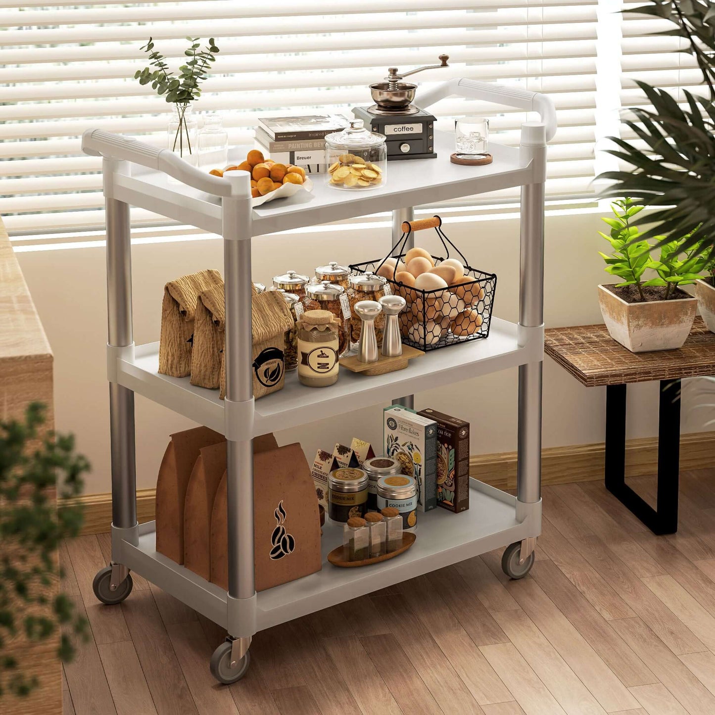 HOMCOM 3-Tier Utility Cart Rolling Storage Trolley with 3 Shelves, Silver and White