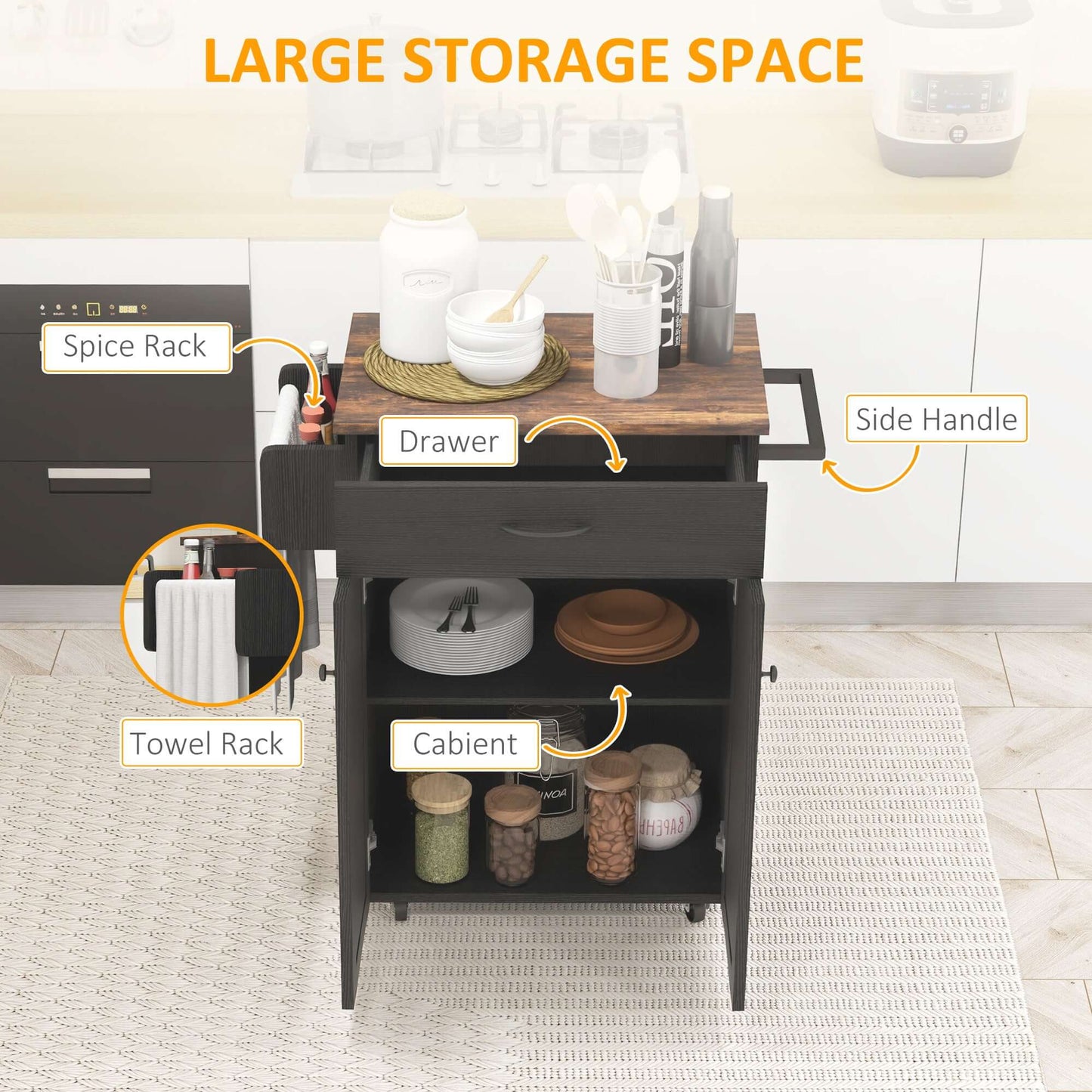 HOMCOM Modern Rolling Kitchen Island Cart with Drawer, Natural Wood Top, Towel Rack, Door Storage Cabinet, Distressed Black