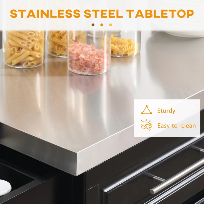 HOMCOM Portable Kitchen Island Rolling Cart Stainless Steel Top Storage Spice Rack Drawers Cabinets Black | Aosom Canada