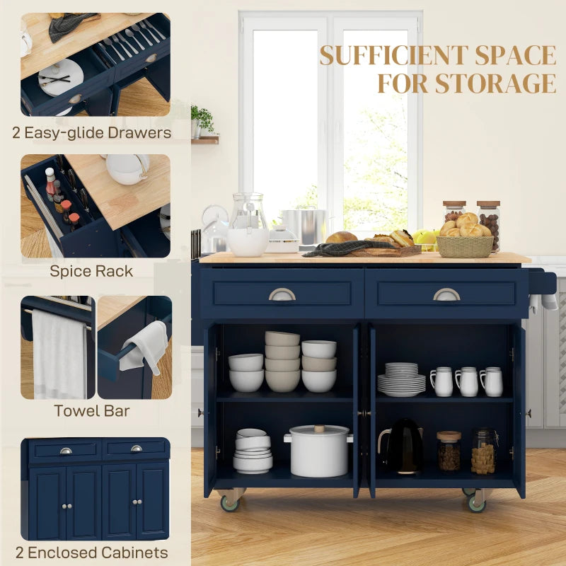 HOMCOM Kitchen Island with Storage, Rolling Kitchen Island with Drop Leaf, Rubber Wood Top and Adjustable Shelves, Navy Blue | Aosom Canada