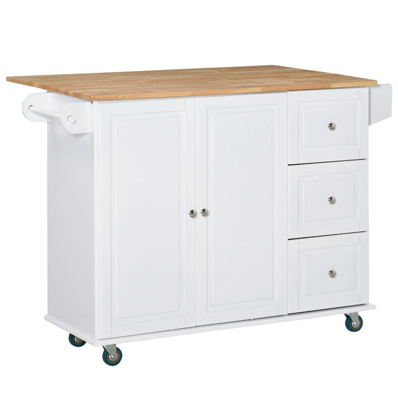 HOMCOM Rolling Kitchen Island with Drop Leaf, Kitchen Cart with Cabinet, 3 Drawers, Wood Top, White | Aosom Canada