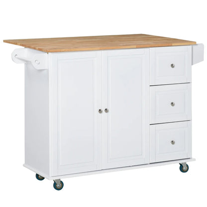 HOMCOM Rolling Kitchen Island with Drop Leaf, Kitchen Cart with Cabinet, 3 Drawers, Wood Top, White | Aosom Canada