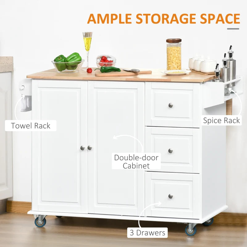 HOMCOM Rolling Kitchen Island with Drop Leaf, Kitchen Cart with Cabinet, 3 Drawers, Wood Top, White | Aosom Canada