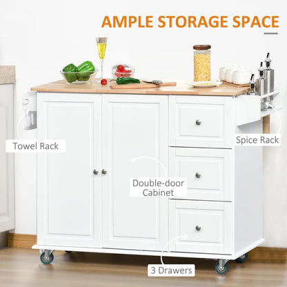 HOMCOM Rolling Kitchen Island with Drop Leaf, Kitchen Cart with Cabinet, 3 Drawers, Wood Top, White | Aosom Canada