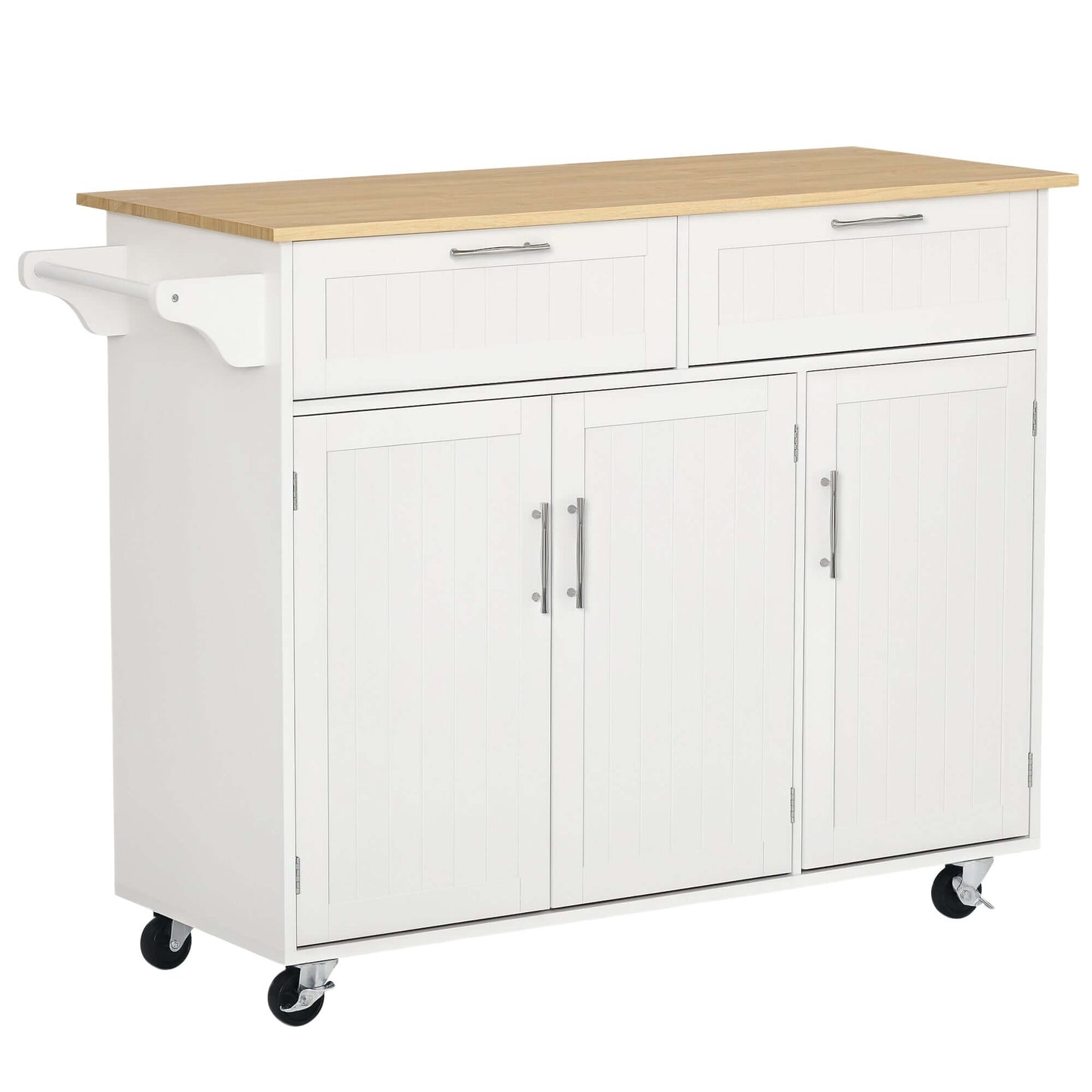 HOMCOM 48" Kitchen Island with Storage and Solid Wood Top, Rolling Kitchen Cart on Wheels with 2 Storage Drawers, 3 Doors and Towel Rack for Dining Room, White