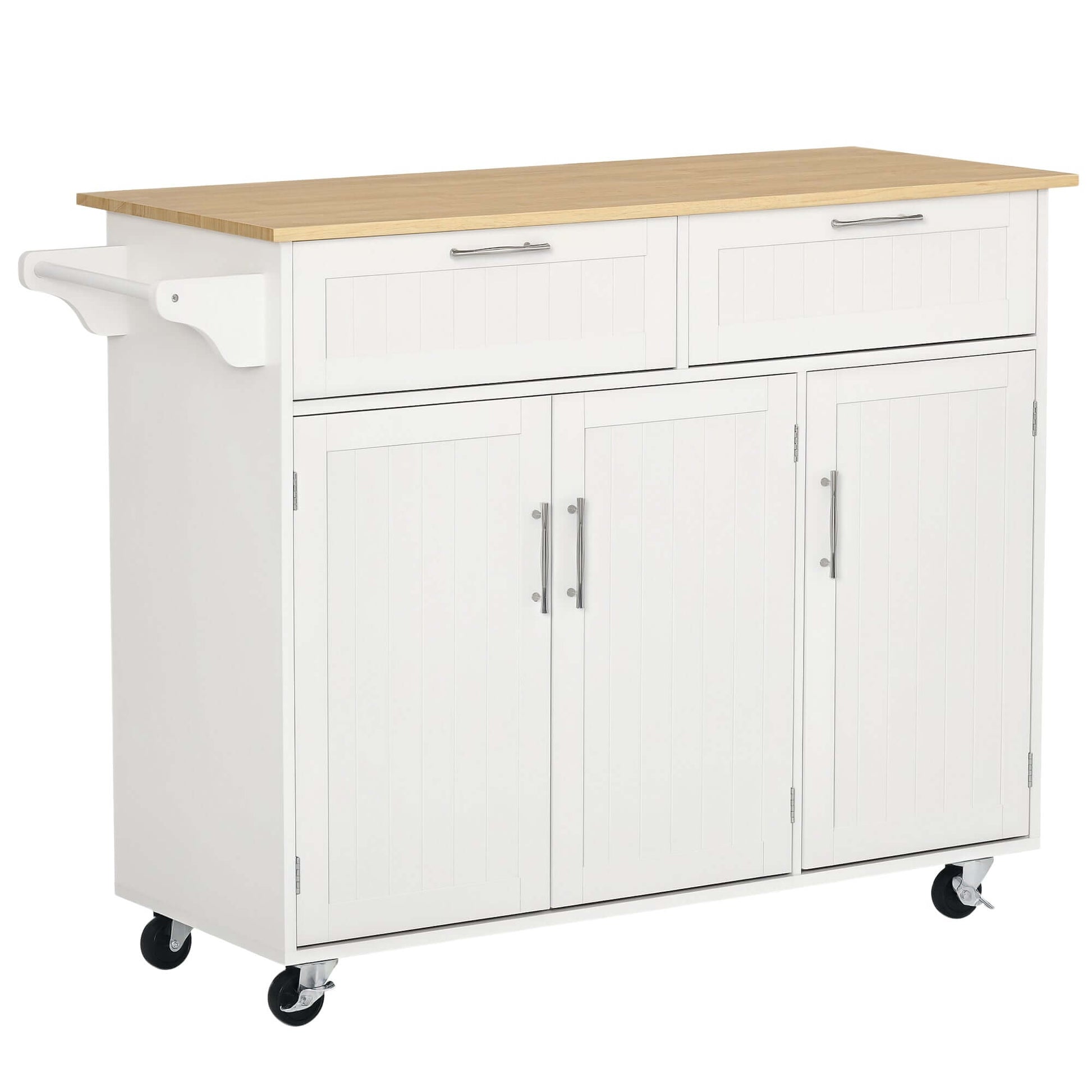HOMCOM 48" Kitchen Island with Storage and Solid Wood Top, Rolling Kitchen Cart on Wheels with 2 Storage Drawers, 3 Doors and Towel Rack for Dining Room, White