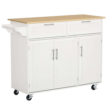 HOMCOM 48" Kitchen Island with Storage and Solid Wood Top, Rolling Kitchen Cart on Wheels with 2 Storage Drawers, 3 Doors and Towel Rack for Dining Room, White