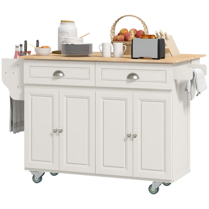 HOMCOM Kitchen Island with Storage, Rolling Kitchen Island with Drop Leaf, Rubber Wood Top and Adjustable Shelves, Cream White | Aosom Canada