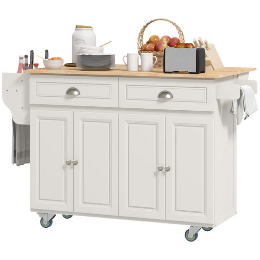 HOMCOM Kitchen Island with Storage, Rolling Kitchen Island with Drop Leaf, Rubber Wood Top and Adjustable Shelves, Cream White | Aosom Canada
