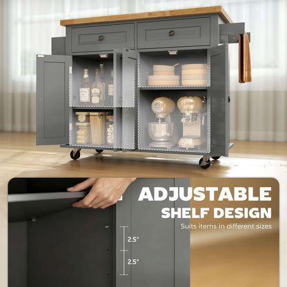 HOMCOM Kitchen Island with Storage, Rolling Trolley Cart with Rubber Wood Top, Spice Rack, Towel Rack, 2 Locking Brakes,Grey