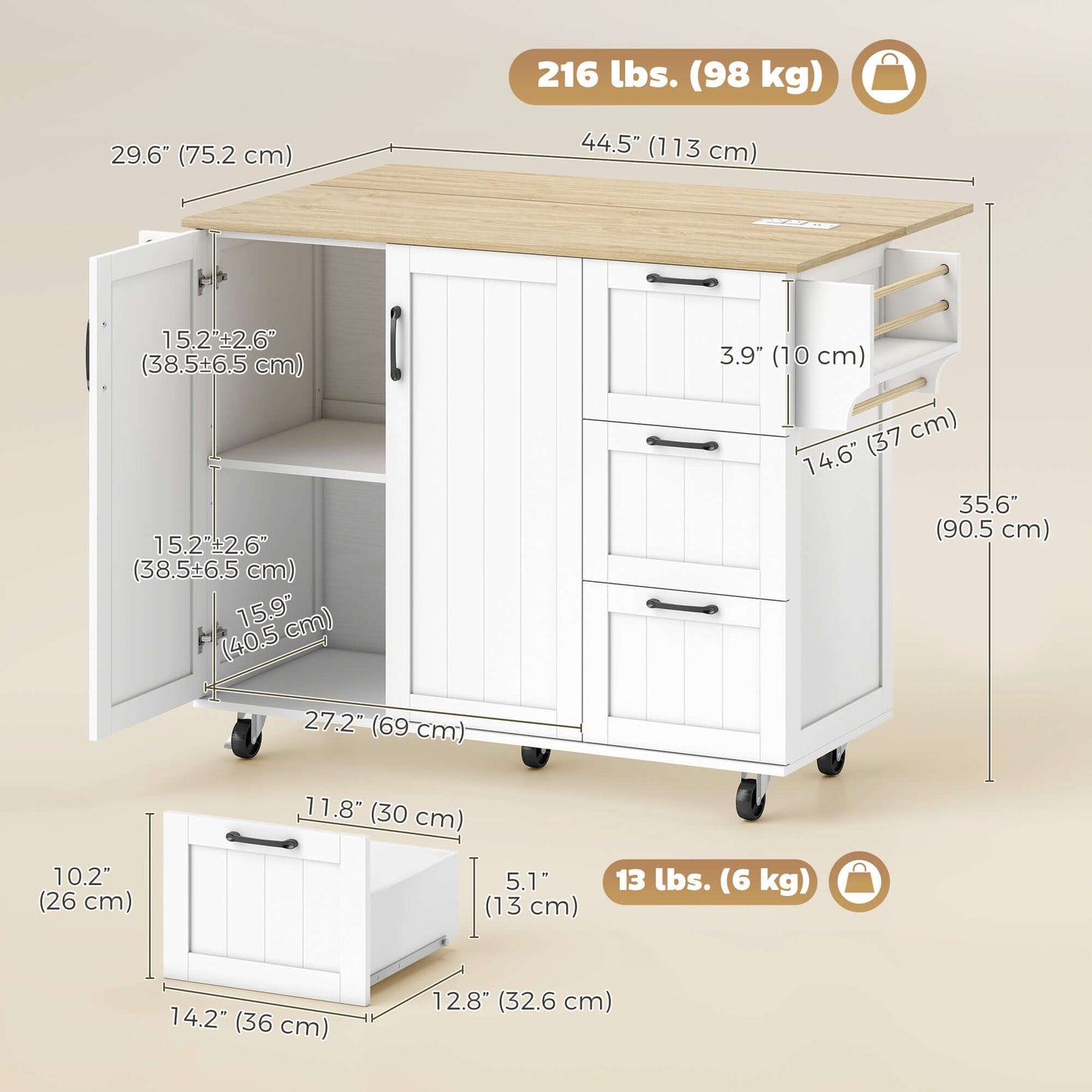 HOMCOM Kitchen Island with Drop Leaf, Rolling Kitchen Cart with Power Outlet, Cabinet, 3 Drawers, Spice Rack, Towel Bar, White