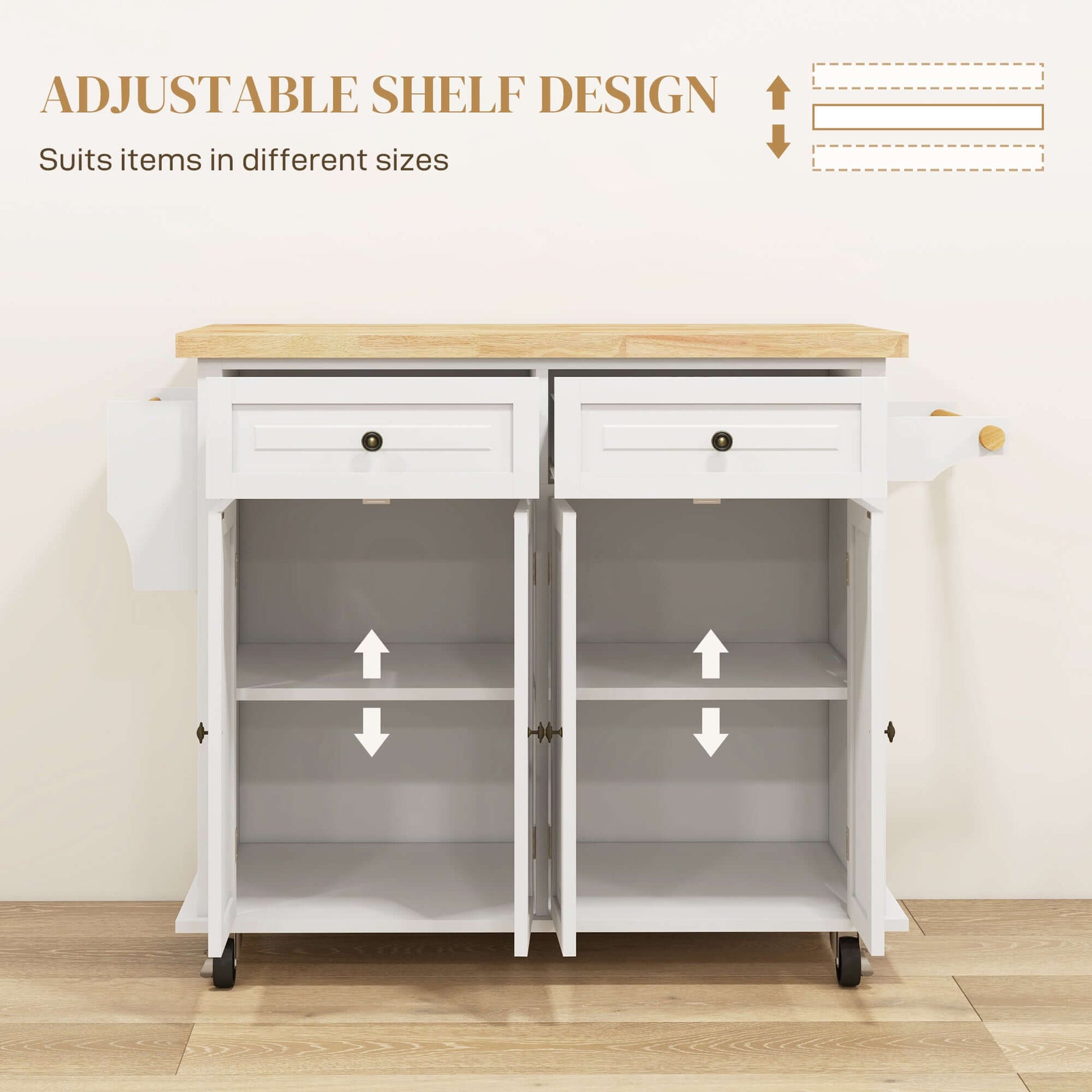 HOMCOM Kitchen Island with Storage, Rolling Trolley Cart with Rubber Wood Top, Spice Rack, Towel Rack, Cream White