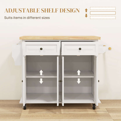 HOMCOM Kitchen Island with Storage, Rolling Trolley Cart with Rubber Wood Top, Spice Rack, Towel Rack, Cream White