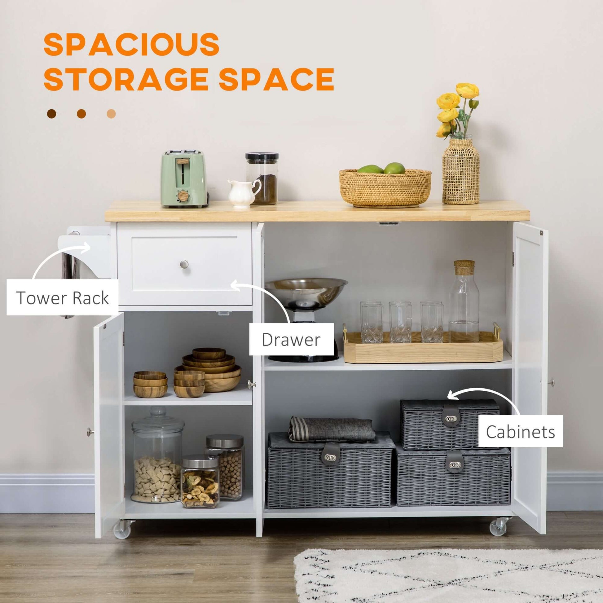 HOMCOM Rolling Kitchen Island with Storage, Utility Kitchen Island Cart with Drawer, Cabinets, Towel Rack and Rubber Wood Top