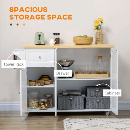 HOMCOM Rolling Kitchen Island with Storage, Utility Kitchen Island Cart with Drawer, Cabinets, Towel Rack and Rubber Wood Top