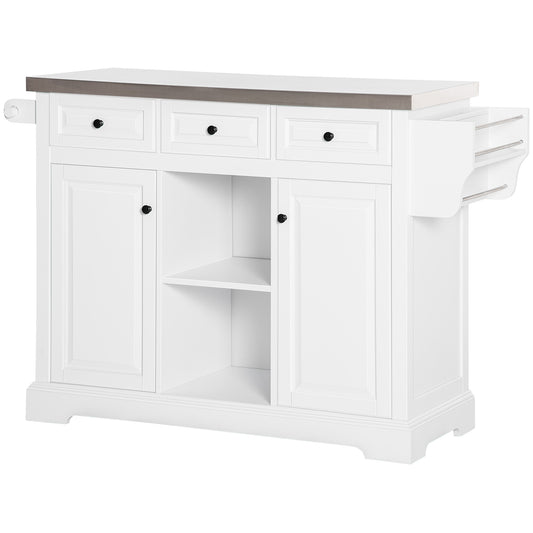 HOMCOM Versatile Kitchen Workstation: Rolling Island Cart with Stainless Steel Top, Spice Rack, Drawers & White Finish | Aosom Canada