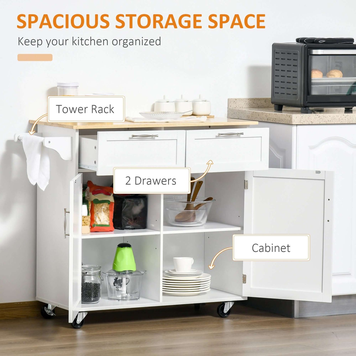 HOMCOM Rolling Kitchen Island with Storage Drawers, Kitchen Cart with Rubber Wood Top, Cabinet & Towel Rack, White