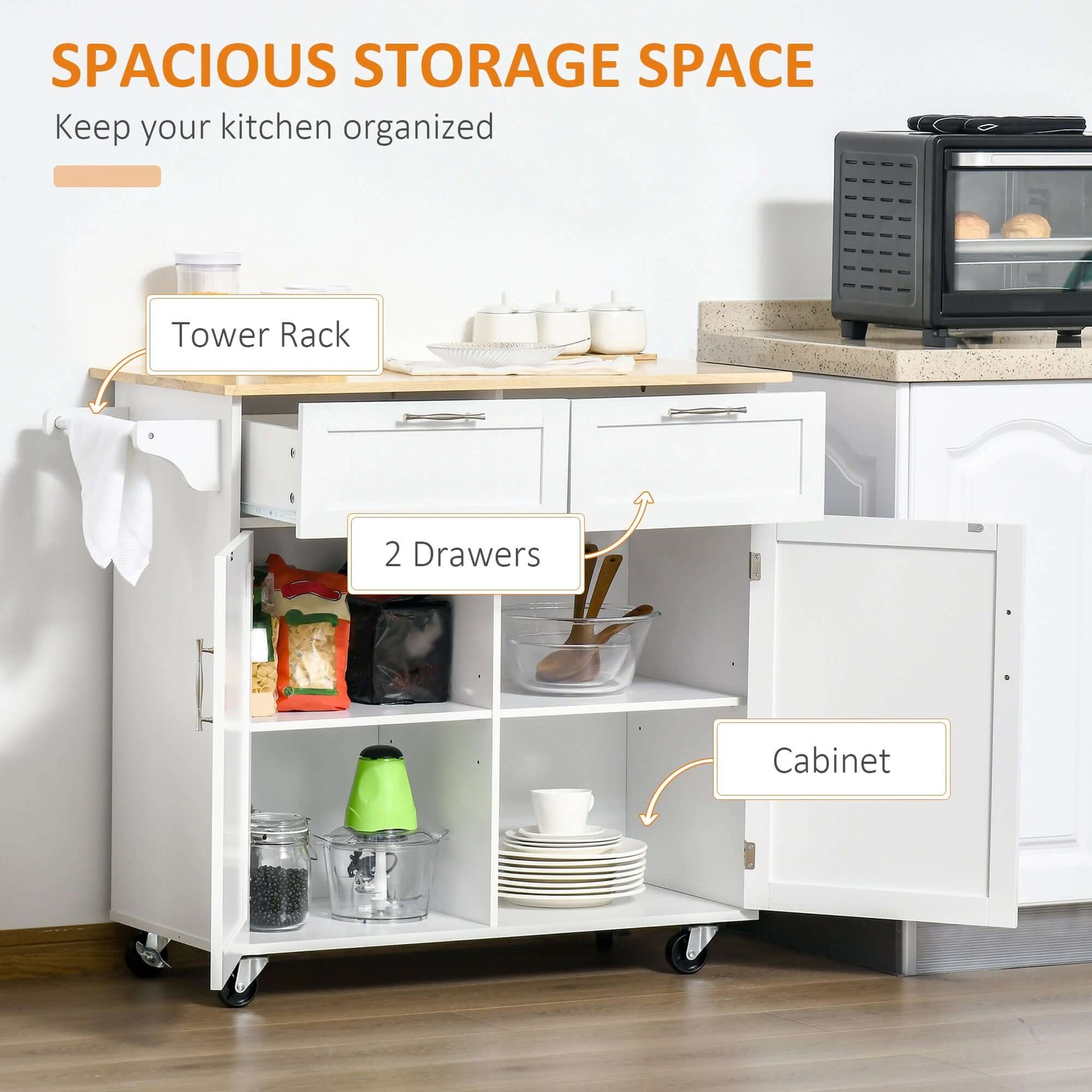 HOMCOM Rolling Kitchen Island with Storage Drawers, Kitchen Cart with Rubber Wood Top, Cabinet & Towel Rack, White