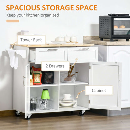 HOMCOM Rolling Kitchen Island with Storage Drawers, Kitchen Cart with Rubber Wood Top, Cabinet & Towel Rack, White