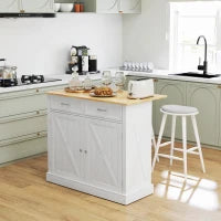 HOMCOM Farmhouse Kitchen Cart: White, Rolling Island, Drop Leaf, Wood Breakfast Bar, 2 Drawers, Adjustable Shelves | Aosom Canada