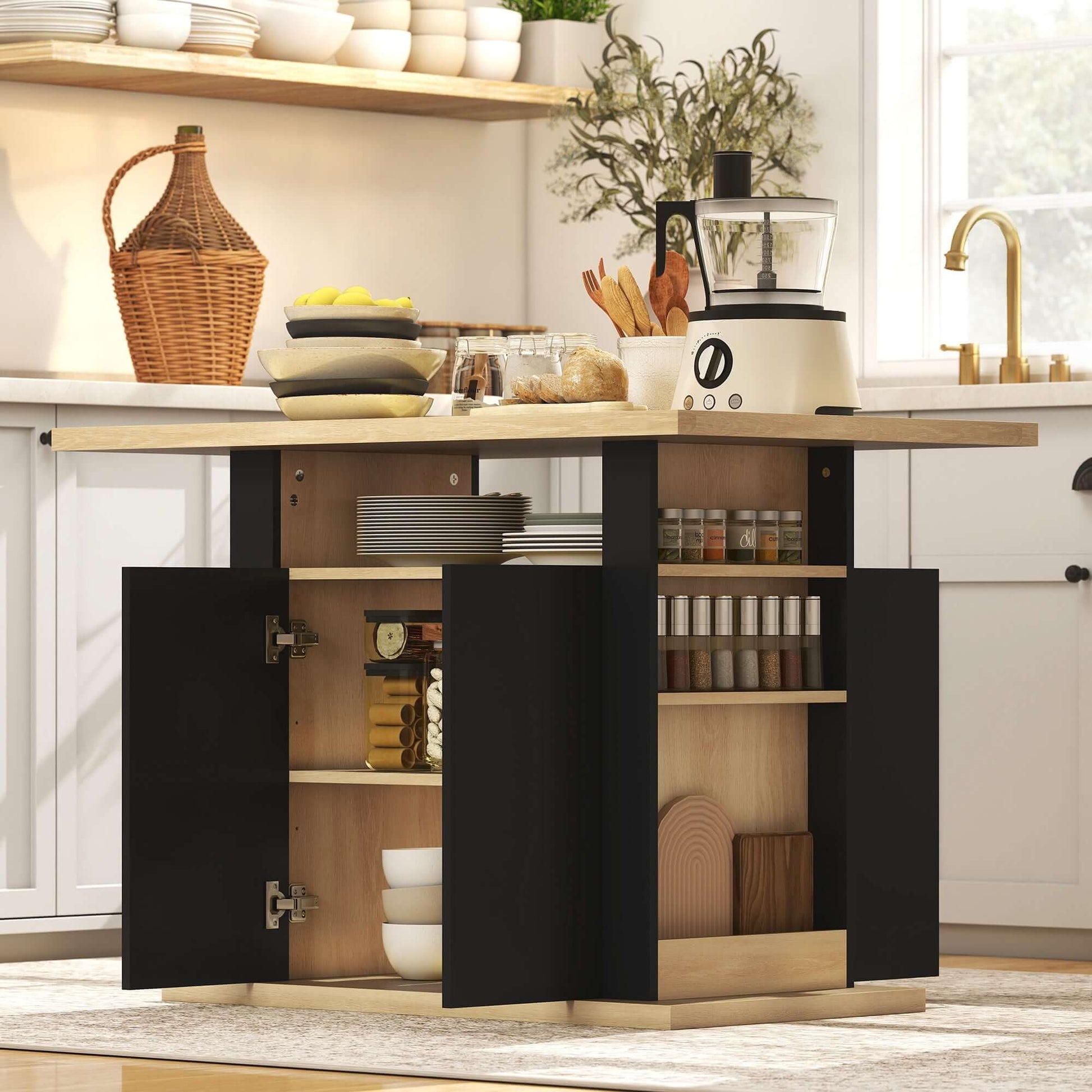 HOMCOM Kitchen Island Dining Table with Storage Cabinet, Large Tabletop for 4 People, 4-Door Cupboard & Shelves, Black
