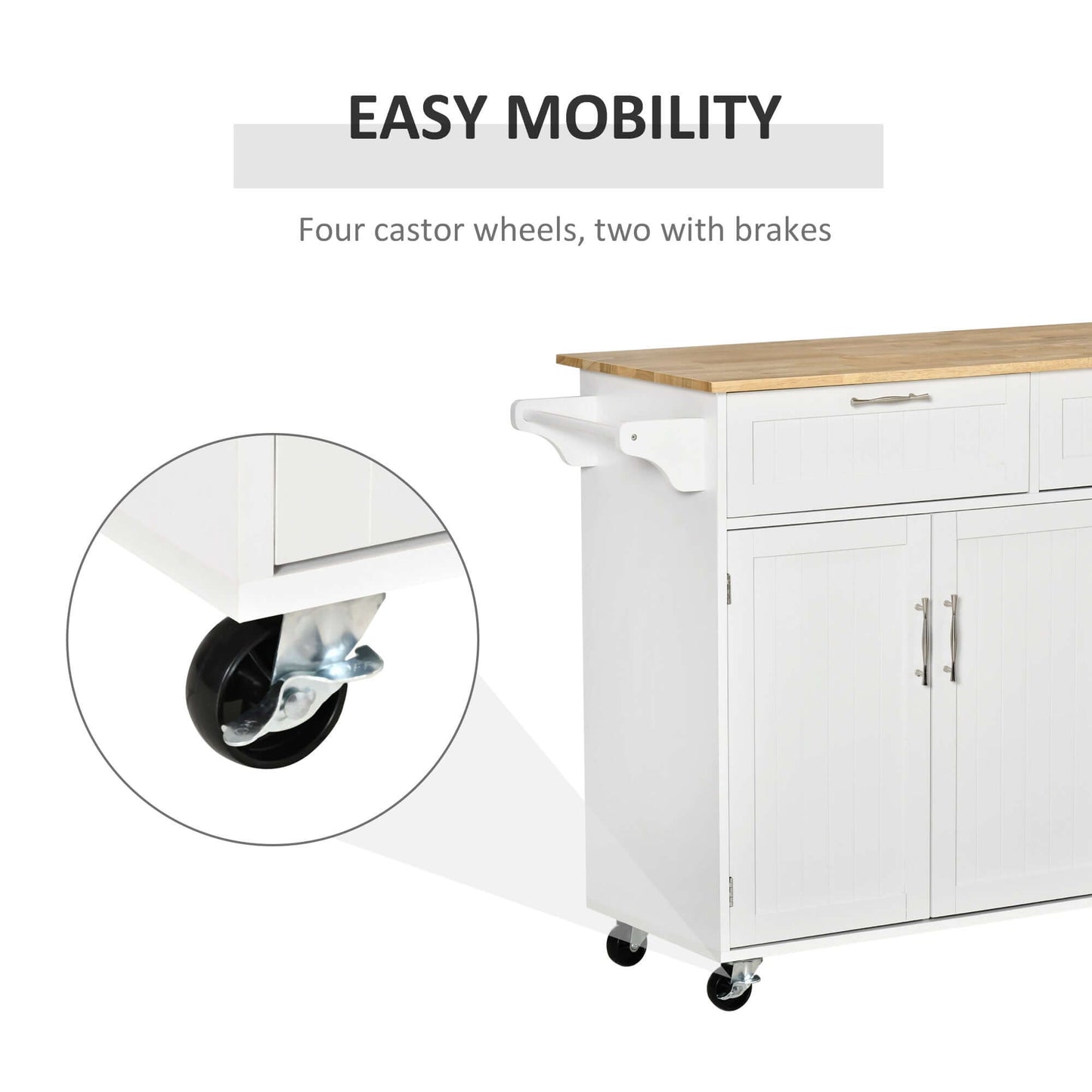 HOMCOM 48" Kitchen Island with Storage and Solid Wood Top, Rolling Kitchen Cart on Wheels with 2 Storage Drawers, 3 Doors and Towel Rack for Dining Room, White