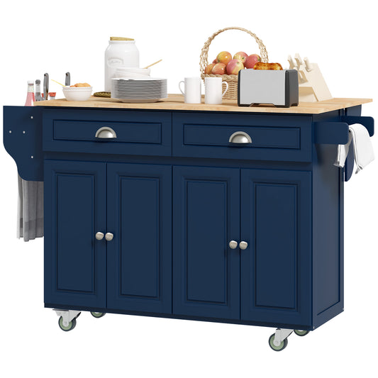 HOMCOM Kitchen Island with Storage, Rolling Kitchen Island with Drop Leaf, Rubber Wood Top and Adjustable Shelves, Navy Blue | Aosom Canada