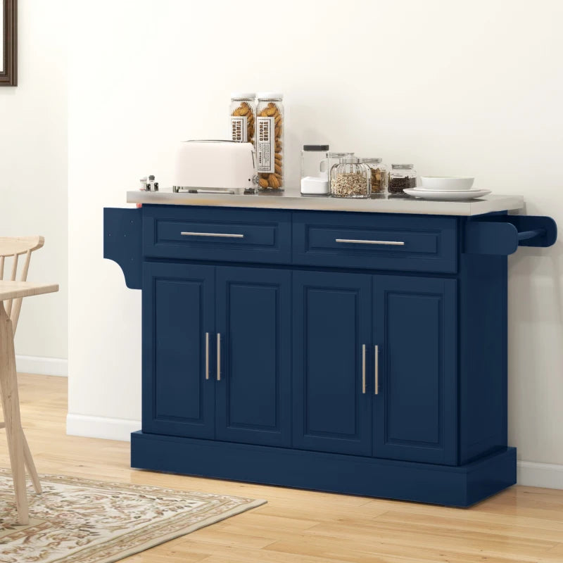 HOMCOM Rolling Kitchen Island with Storage and Stainless Steel Top, Kitchen Trolley with Drawers, Cabinets, Towel Rack, Blue | Aosom Canada
