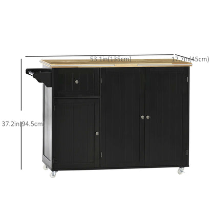 HOMCOM Rolling Kitchen Island with Storage, Utility Kitchen Island Cart with Drawer, Cabinets, Towel Rack and Rubber Wood Top