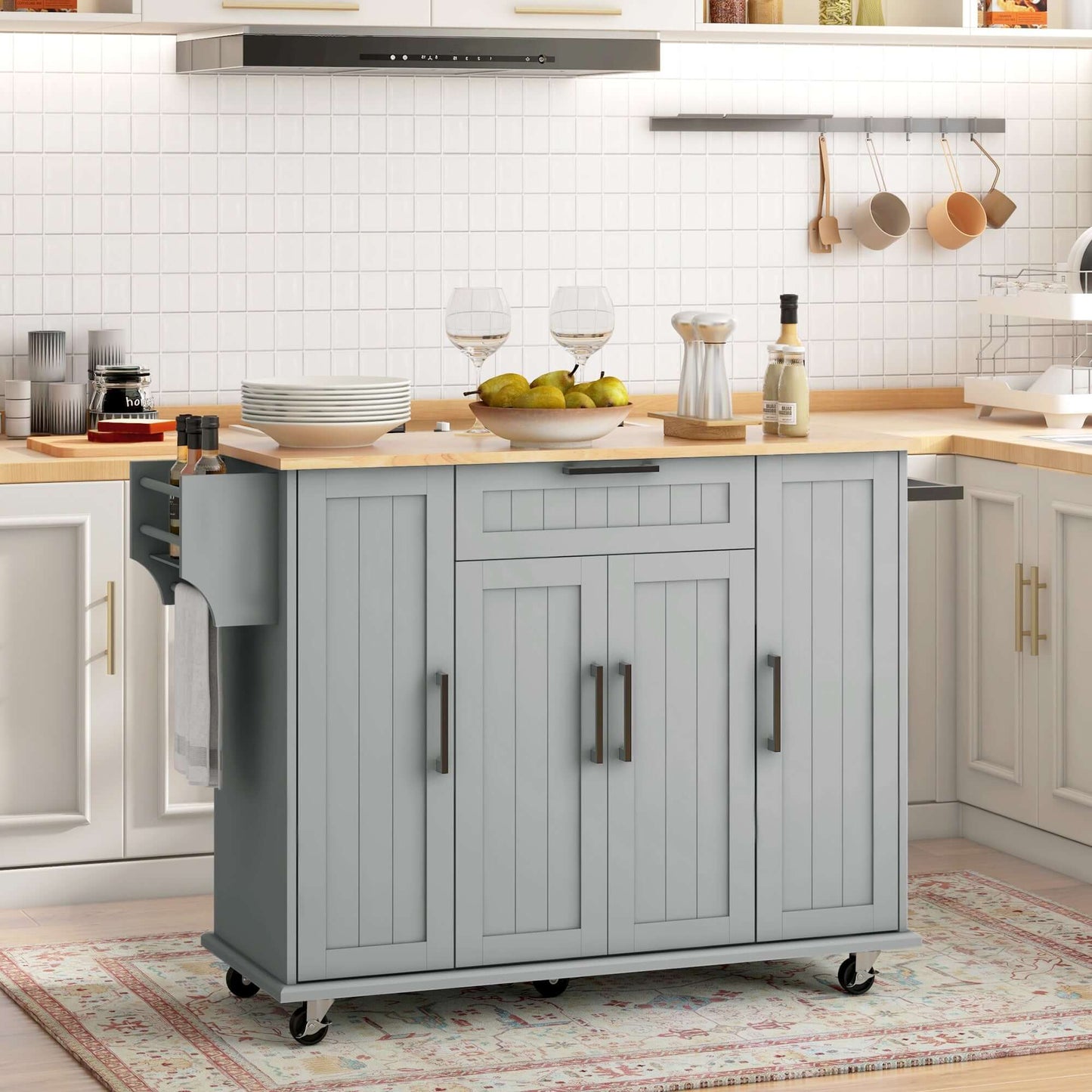 HOMCOM Modern Rolling Kitchen Island Cart with Drawers, Natural Wood Top, Towel Rack, Door Storage Cabinet, Grey