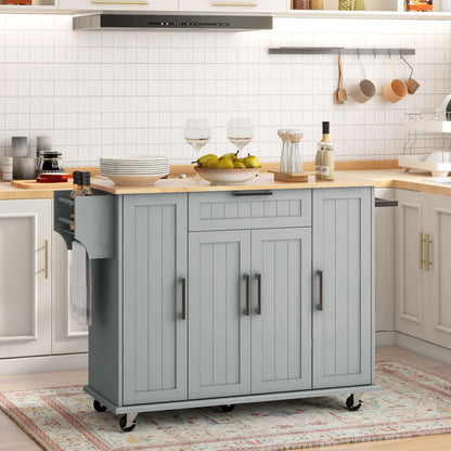 HOMCOM Modern Rolling Kitchen Island Cart with Drawers, Natural Wood Top, Towel Rack, Door Storage Cabinet, Grey