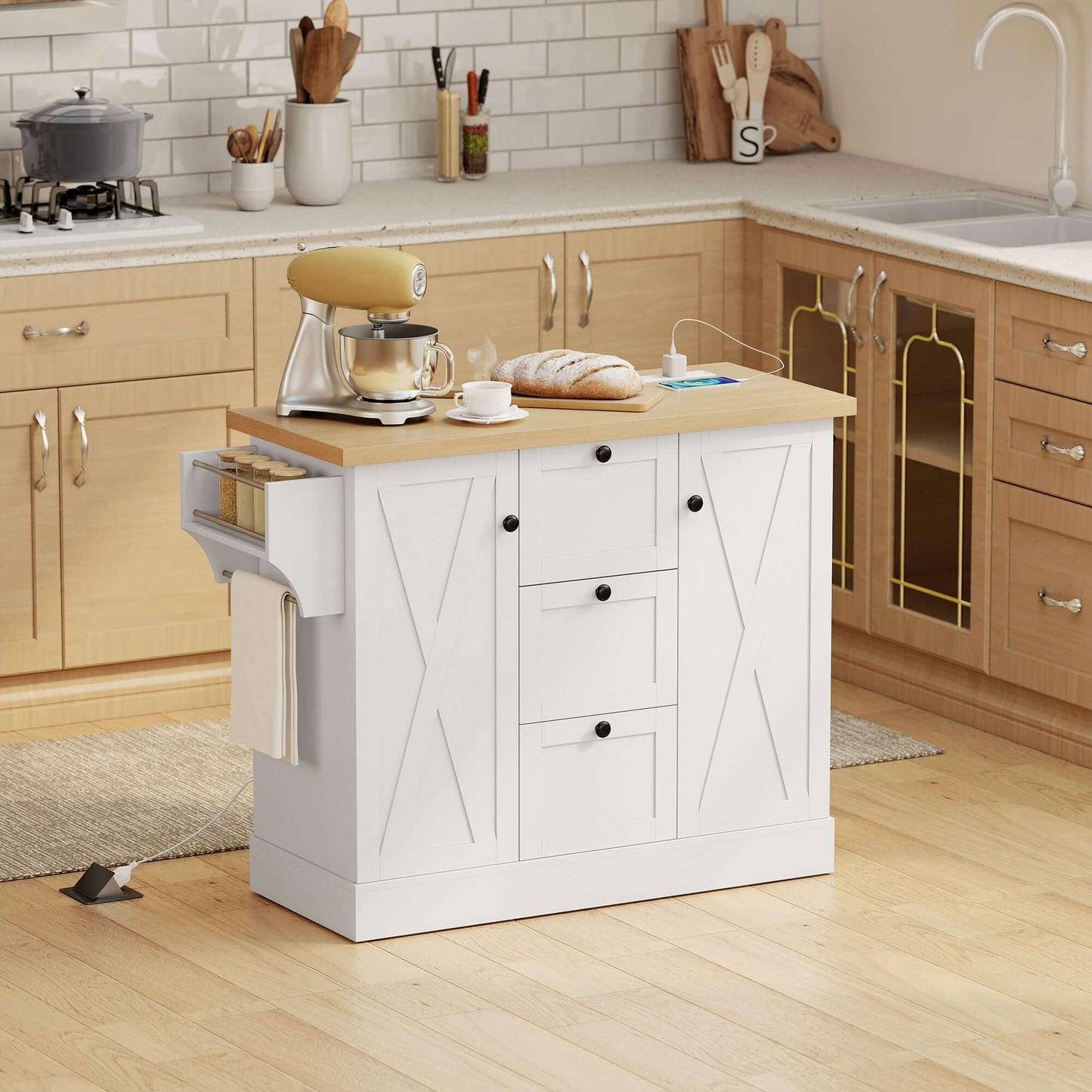 HOMCOM Farmhouse Kitchen Island Cart with Power Outlet and Soft-Close Doors, 49" Kitchen Island with 3 Drawers, White