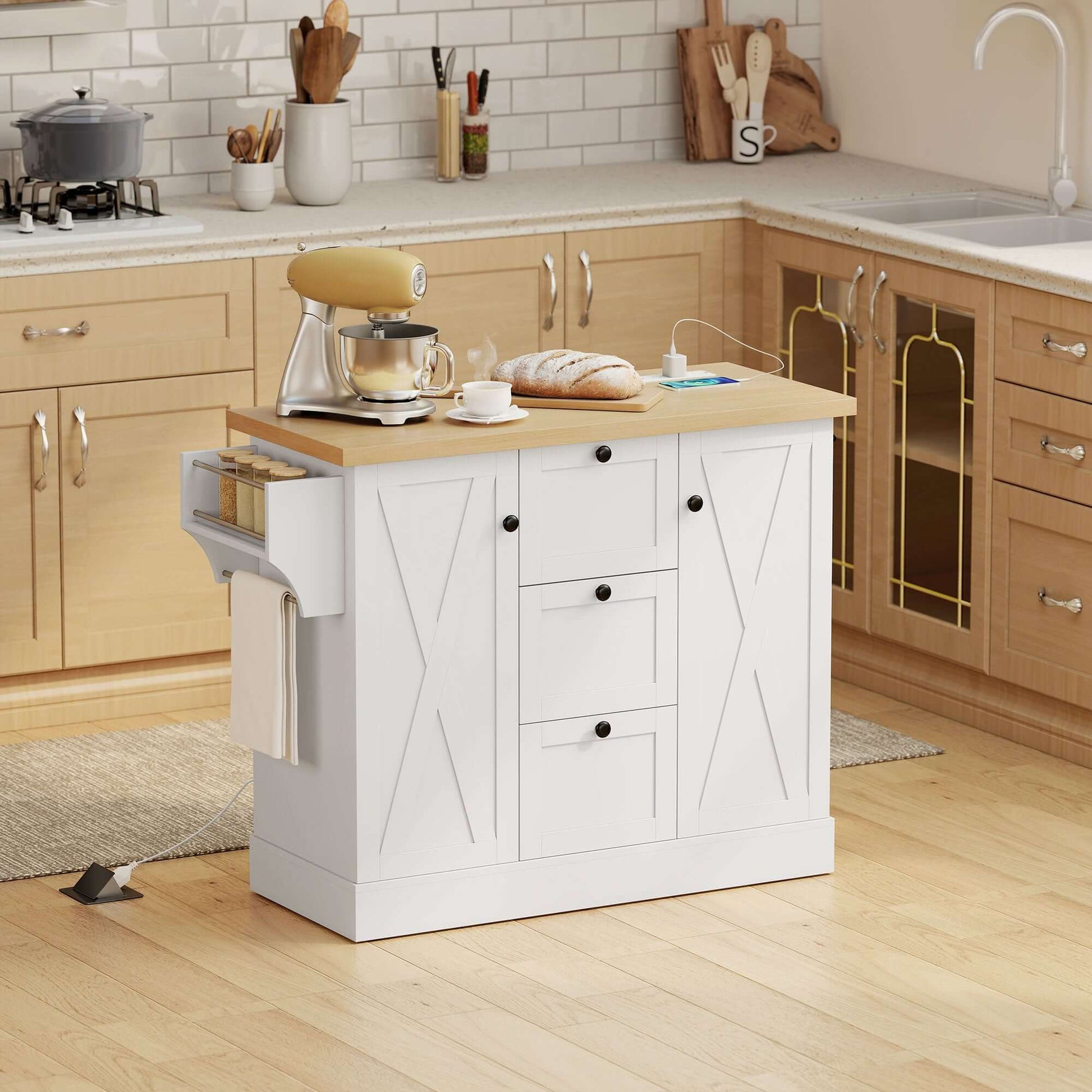 HOMCOM Farmhouse Kitchen Island Cart with Power Outlet and Soft-Close Doors, 49" Kitchen Island with 3 Drawers, White