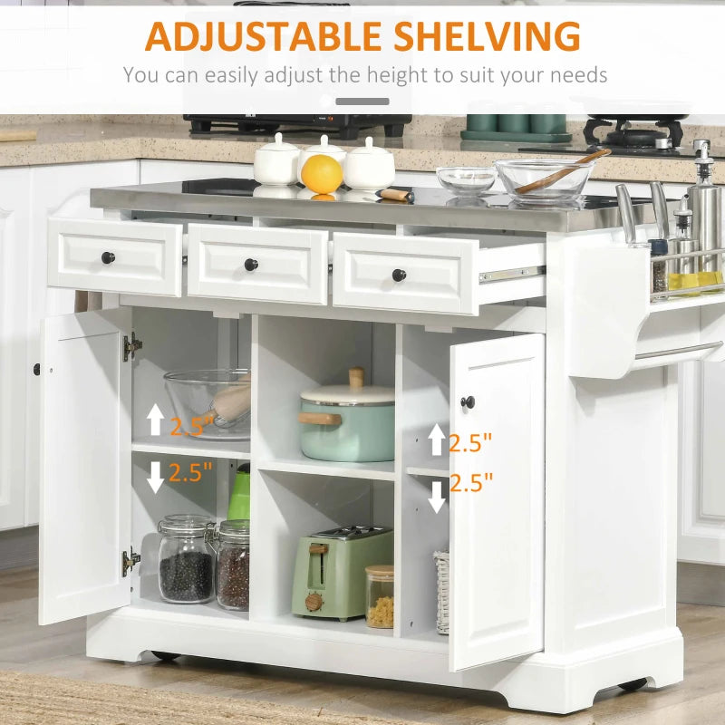 HOMCOM Versatile Kitchen Workstation: Rolling Island Cart with Stainless Steel Top, Spice Rack, Drawers & White Finish | Aosom Canada