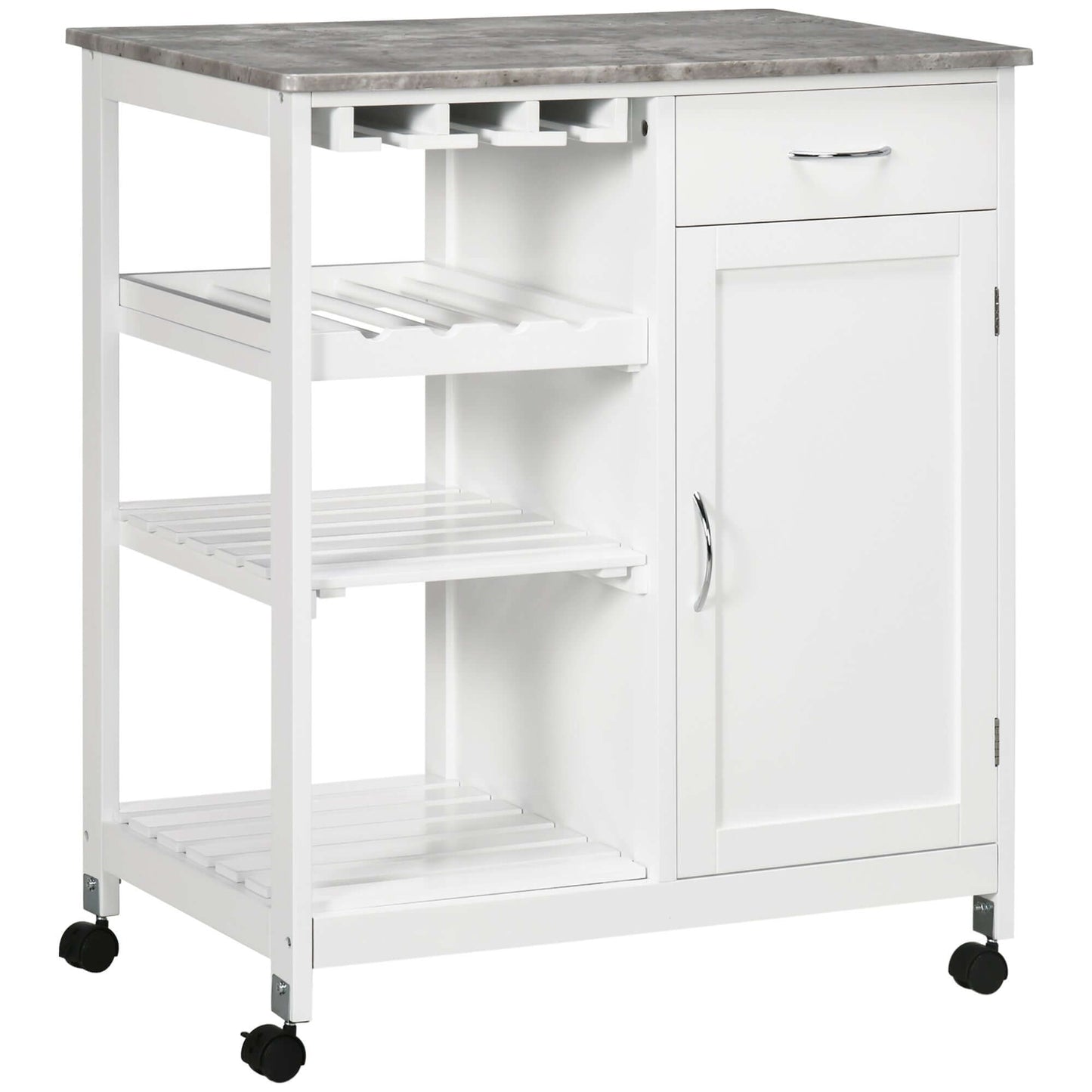 HOMCOM Rolling Kitchen Cart, Bar Cart on Wheels with Wine Rack, Drawer, Open Shelves, Cabinet and Faux Marble Top, Kitchen Island with Storage, White