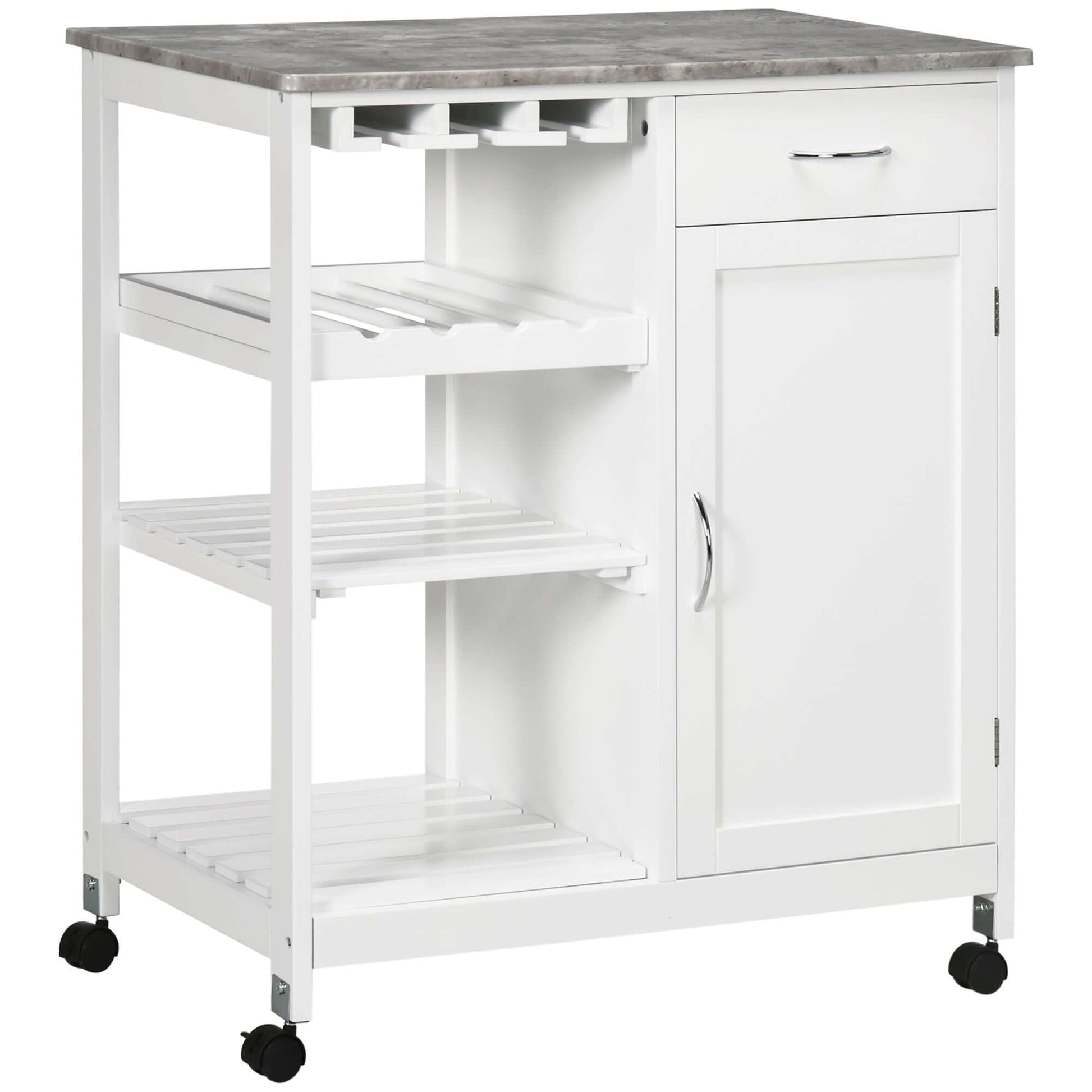 HOMCOM Rolling Kitchen Cart, Bar Cart on Wheels with Wine Rack, Drawer, Open Shelves, Cabinet and Faux Marble Top, Kitchen Island with Storage, White