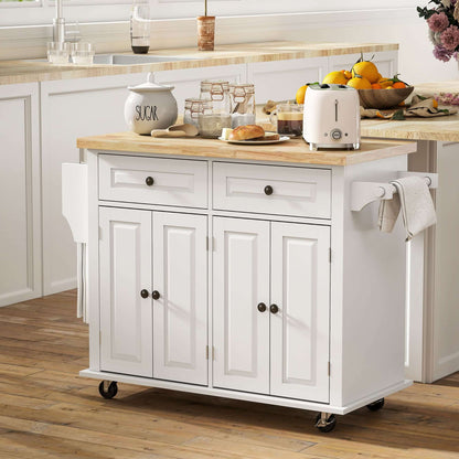 HOMCOM Kitchen Island with Storage, Rolling Trolley Cart with Rubber Wood Top, Spice Rack, Towel Rack, Grey