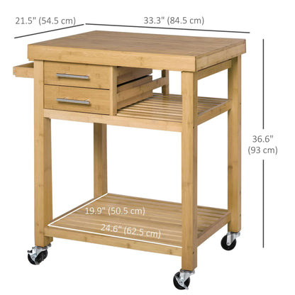 HOMCOM Bamboo Rolling Kitchen Island Trolley with Drawers & Shelves