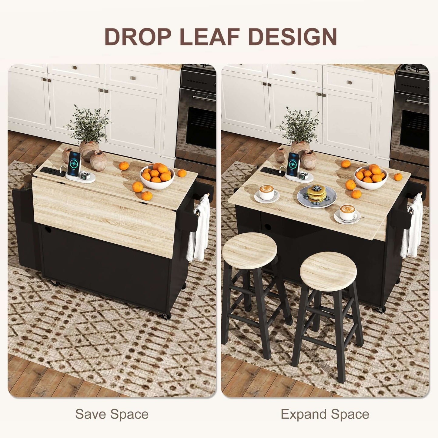 HOMCOM Kitchen Island with Storage, Rolling Kitchen Cart with Foldable Drop Leaf, Power Outlet and USB Ports, Black