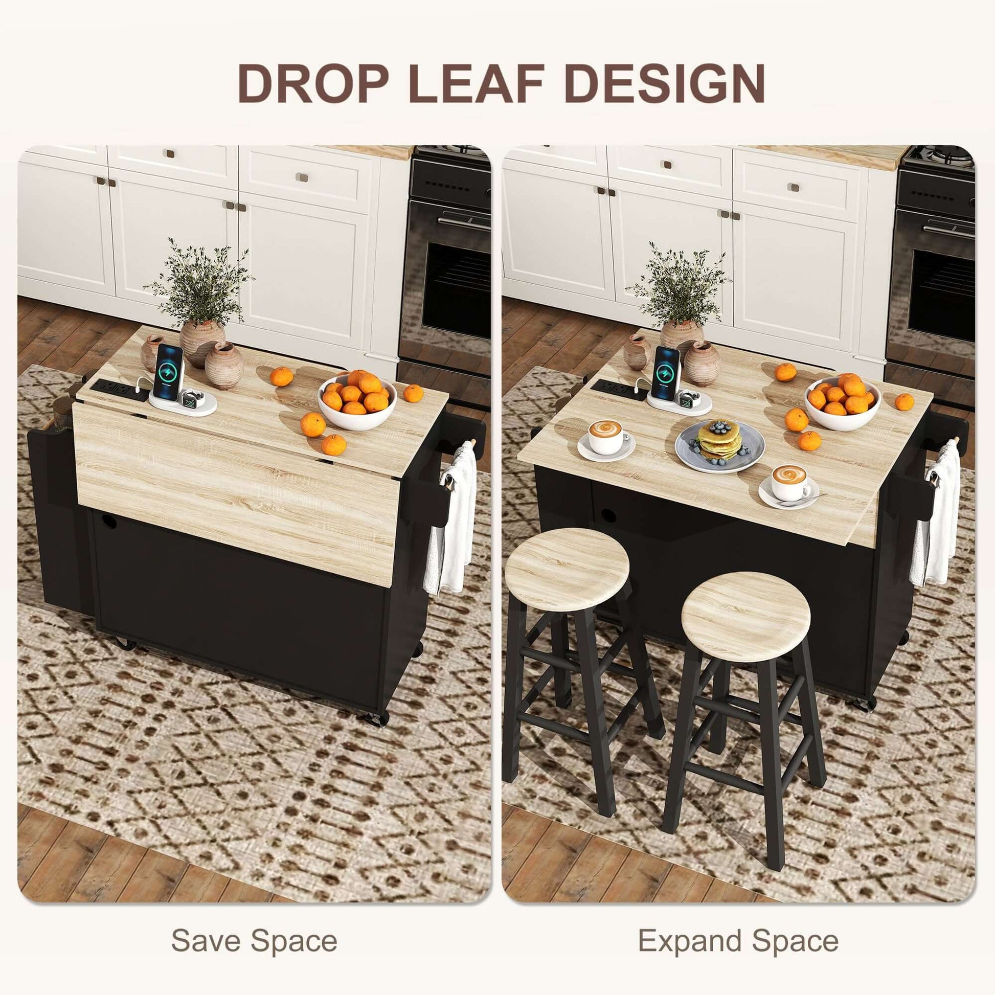 HOMCOM Kitchen Island with Storage, Rolling Kitchen Cart with Foldable Drop Leaf, Power Outlet and USB Ports, Black