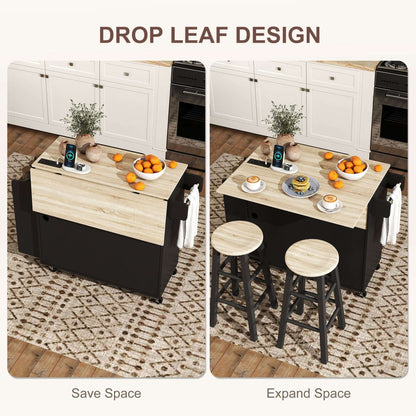 HOMCOM Kitchen Island with Storage, Rolling Kitchen Cart with Foldable Drop Leaf, Power Outlet and USB Ports, Black