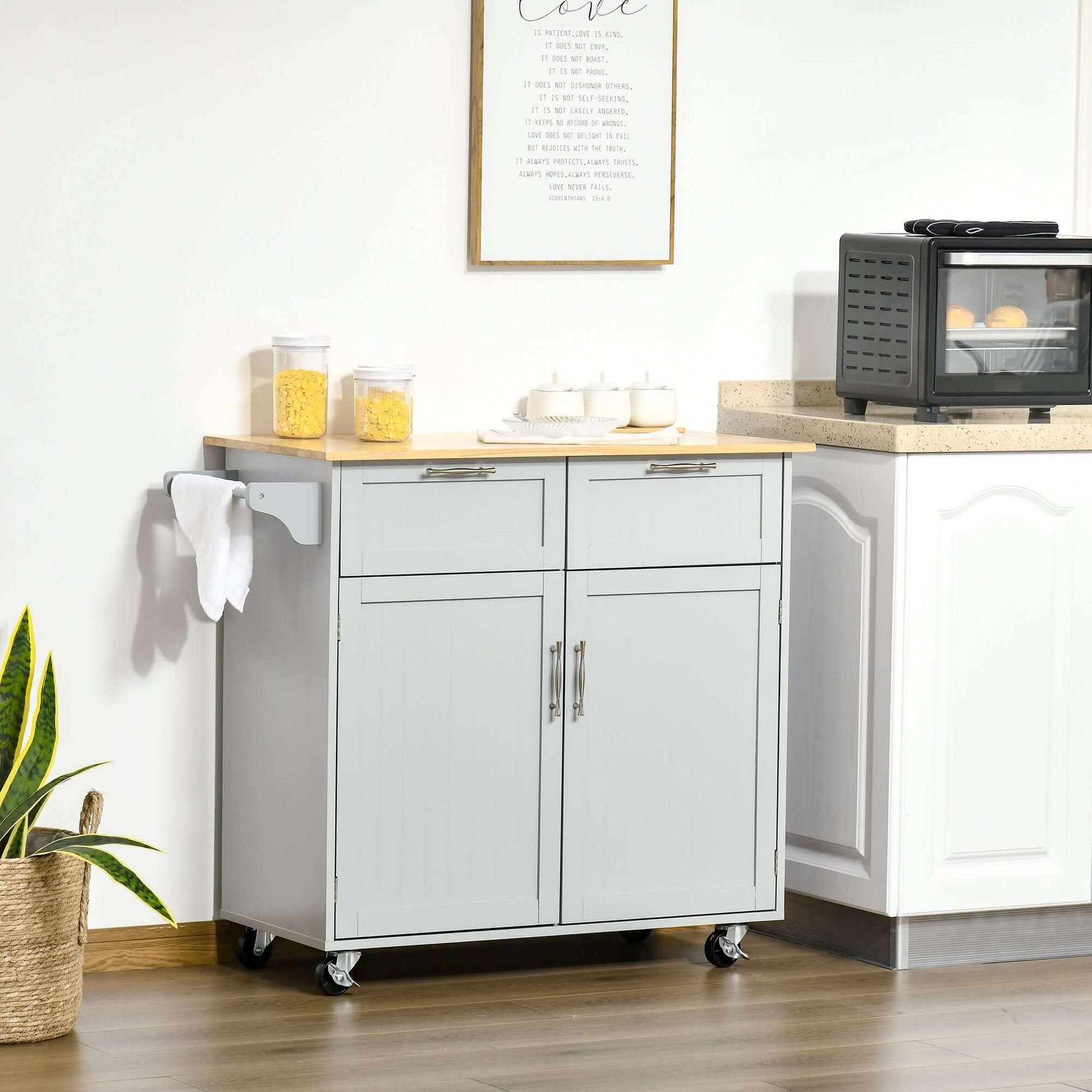 HOMCOM 41" Kitchen Island with Storage and Solid Wood Top, Rolling Kitchen Cart on Wheels with 2 Storage Drawers, 2 Doors and Towel Rack for Dining Room, Grey