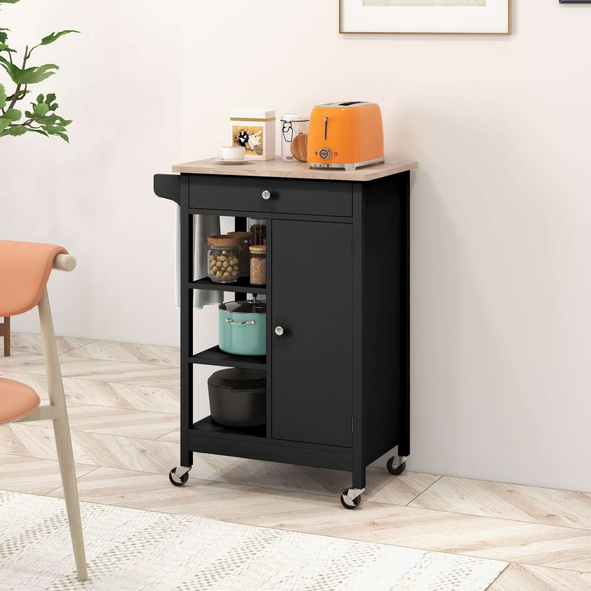 HOMCOM Modern Rolling Kitchen Island Cart with Drawer, Natural Wood Top, Towel Rack, Door Storage Cabinet, Black