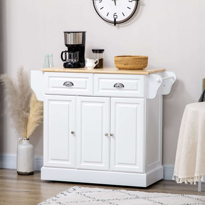 HOMCOM Kitchen Island With Storage Rolling Kitchen Serving Cart with Rubber Wood Top Towel Rack Storage Drawer Cabinet, White