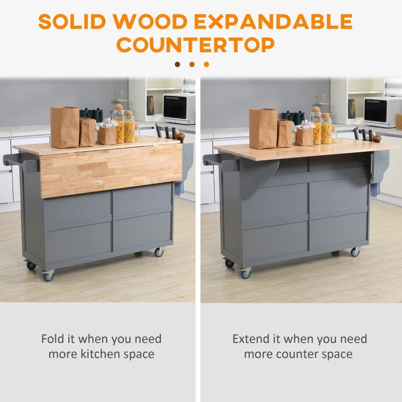 HOMCOM Rolling Kitchen Island: Drop-Leaf Wood Top, Drawers & Cabinets for Extra Storage, Grey | Aosom Canada