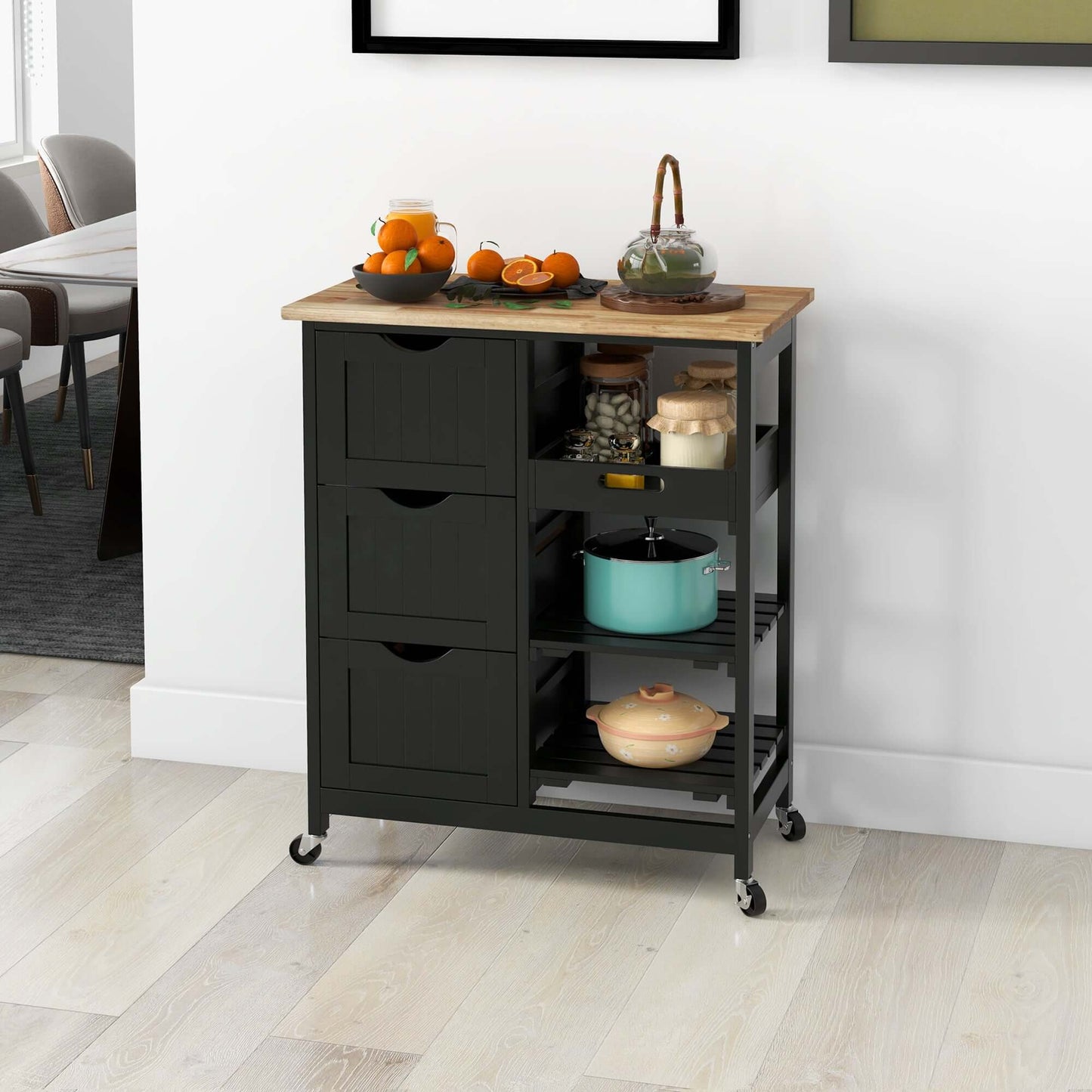 HOMCOM Kitchen Cart on Wheels, Rolling Kitchen Island Cart with Wood Top, 3 Drawers and Shelves for Home Dining Area, Black