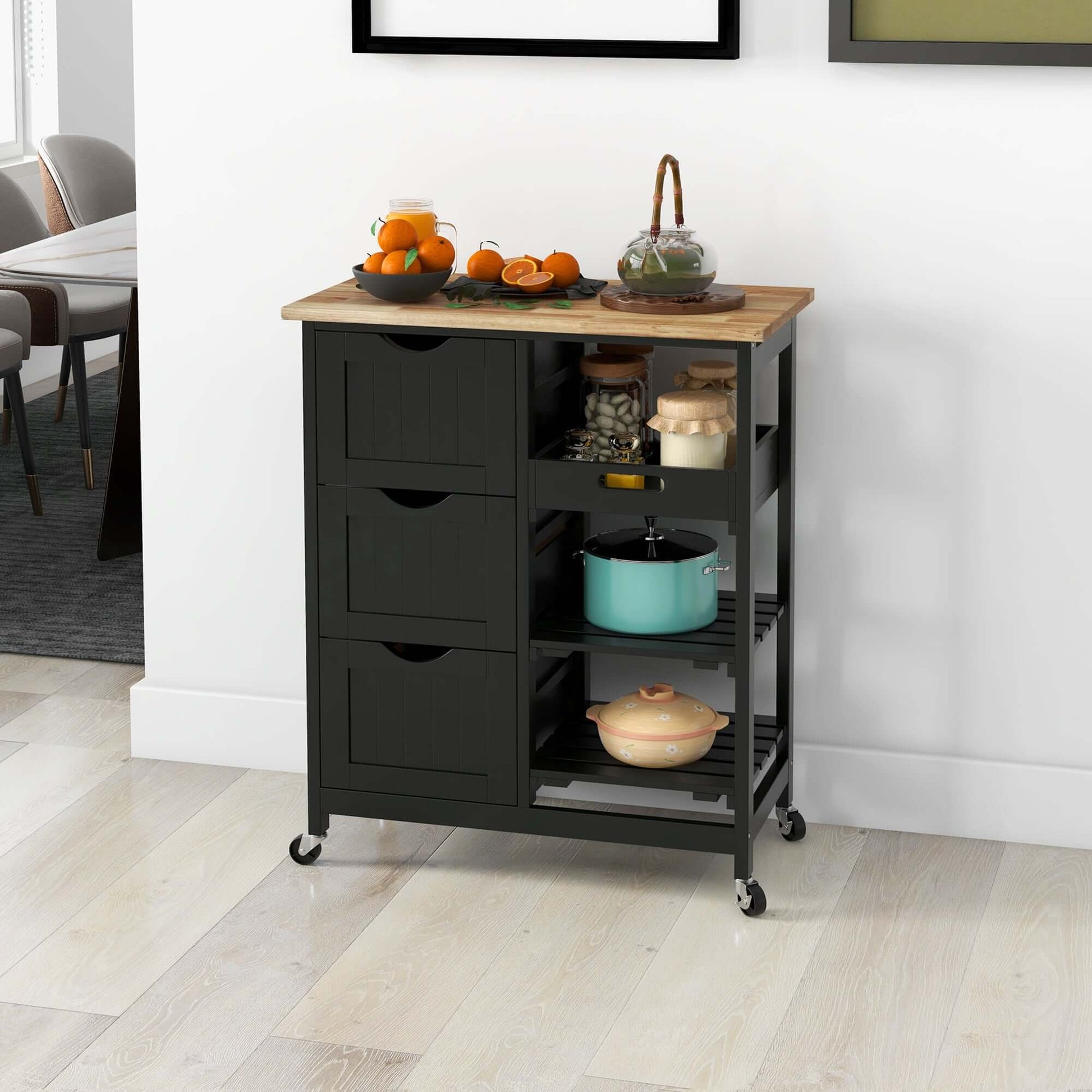 HOMCOM Kitchen Cart on Wheels, Rolling Kitchen Island Cart with Wood Top, 3 Drawers and Shelves for Home Dining Area, Black