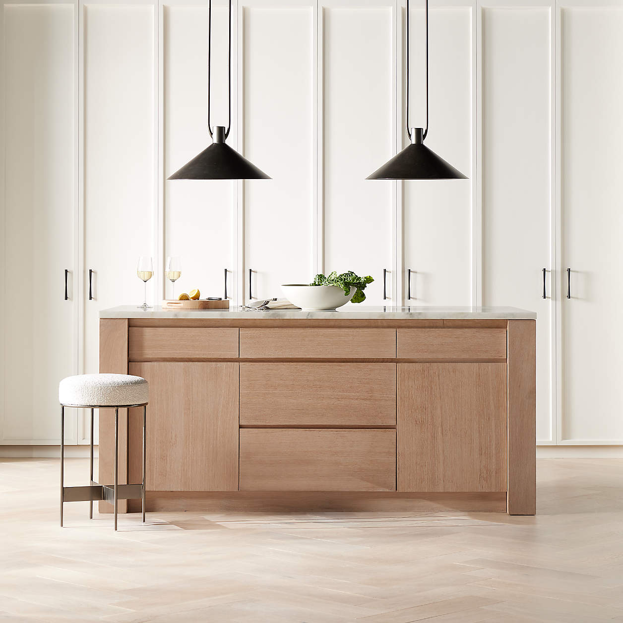 Terra 78" Marble Top and Natural Oak Wood Kitchen Island with Storage