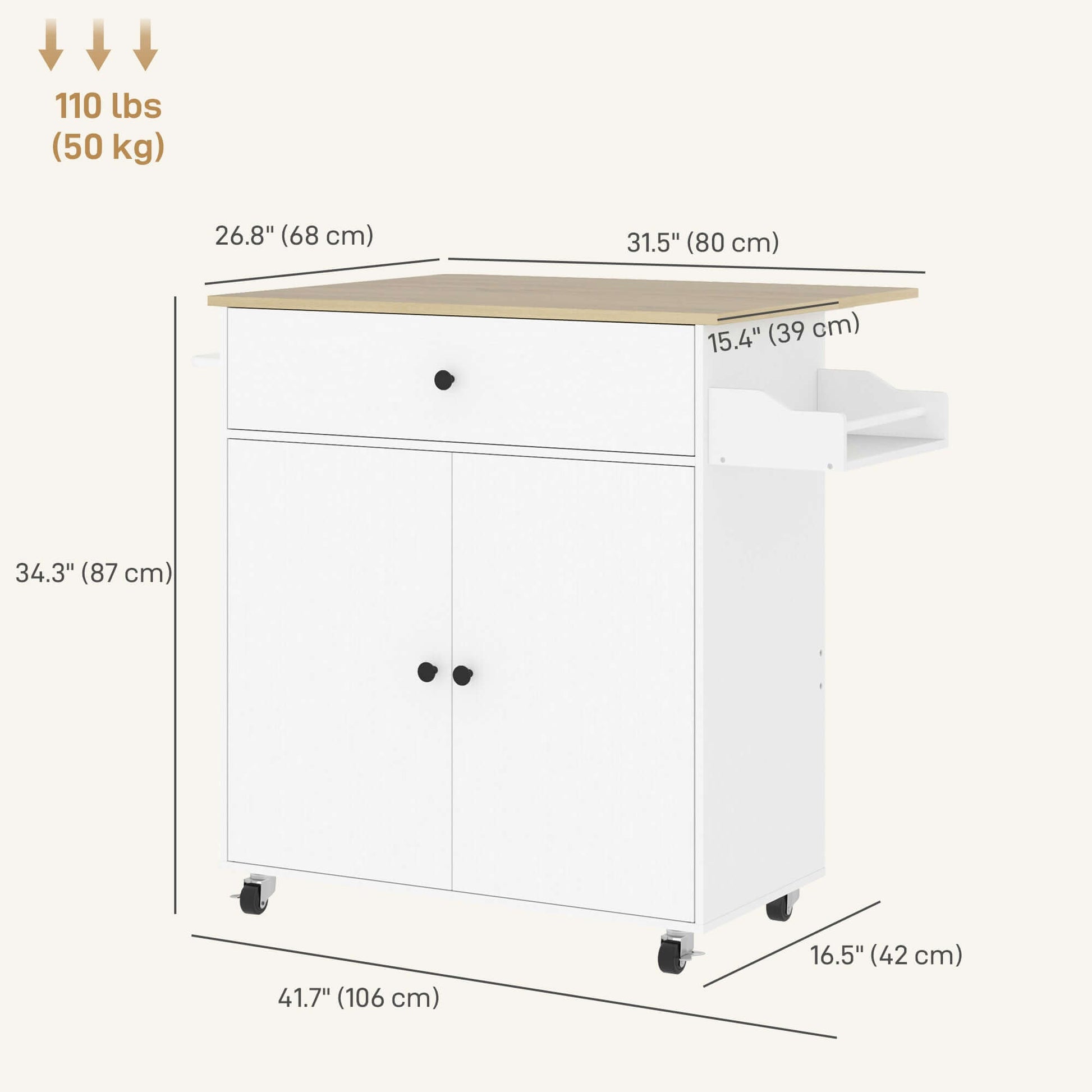 HOMCOM Rolling Kitchen Island with Drop Leaf, Kitchen Storage Cart with Drawer, Spice Rack and Towel Rack, White